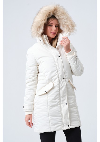 FEBIHA KADIN MONT Kadın Çıkabilir Kapüşonlu Kürk Astarlı Uzun Kaban