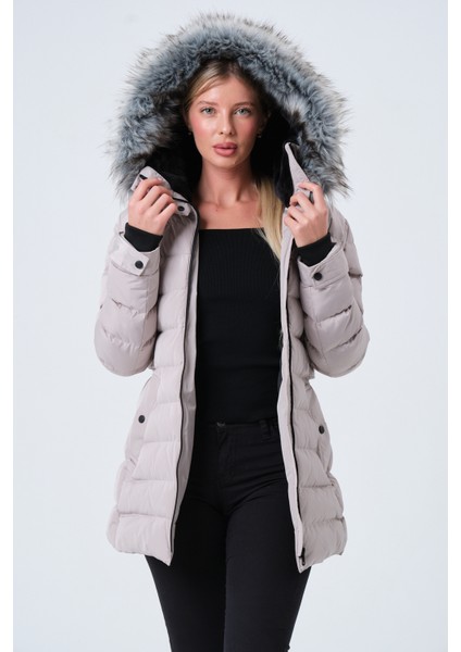 YASMIN22 KADIN MONT Kadın Suni Kürklü Çıkabilir Kapüşonlu Şişme Kaban