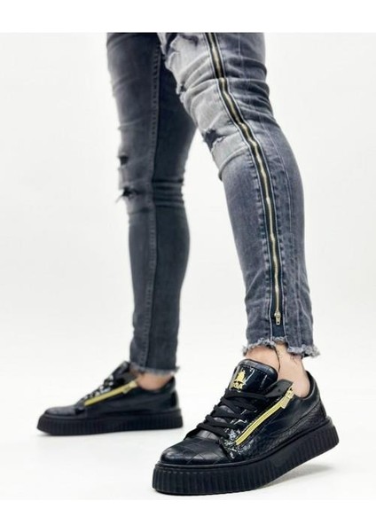 Kalın Yüksek Taban Çift Fermuarlı Siyah Siyah Erkek Ayakkabı indirimleri