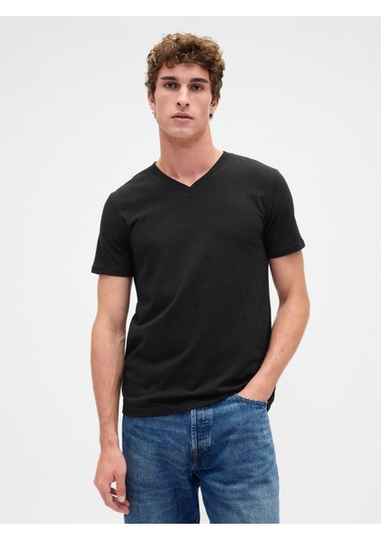 Erkek Siyah Jarse V-Yaka tshirt