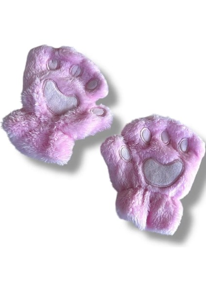 Kız Çocuk Parmaksız Patili Pembe Peluş Eldiven modelleri