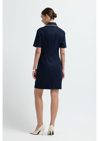 Yakası ve Cepleri Taşlı Denim Elbise Lacivert 12445846000 indirimleri