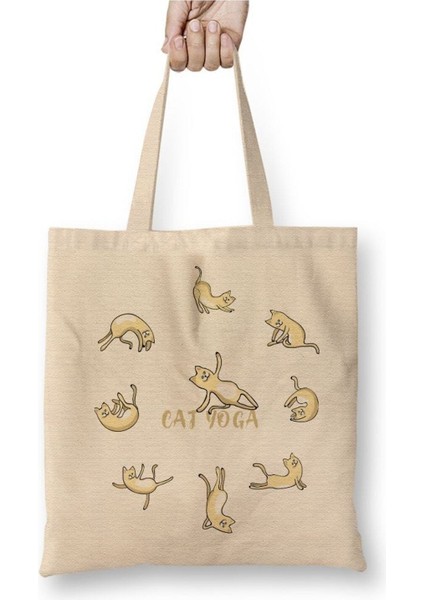 Cat Yoga Köpek Beyaz Bez Çanta Uzun Saplı Alışveriş Çantası Plaj Çantası