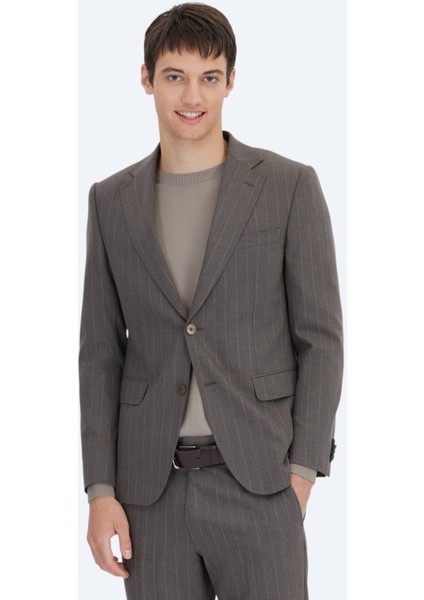 Kahverengi Çizgili Modern Fit Yün Karışımlı Takım Elbise