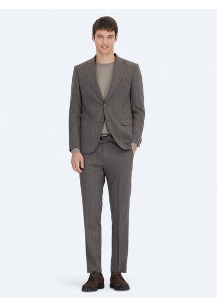 Kahverengi Çizgili Modern Fit Yün Karışımlı Takım Elbise fiyatları