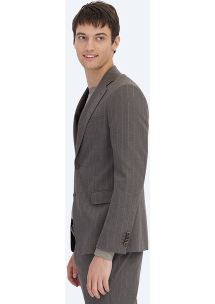 Kahverengi Çizgili Modern Fit Yün Karışımlı Takım Elbise modelleri