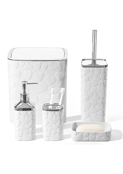 5 Parça Banyo Seti, Kalp Desenli, Beyaz Silver, Kare, Click Kapaklı, Hacim: 8 Litre