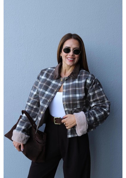 HAKİ Kadife Yaka Detay Kareli Ceket