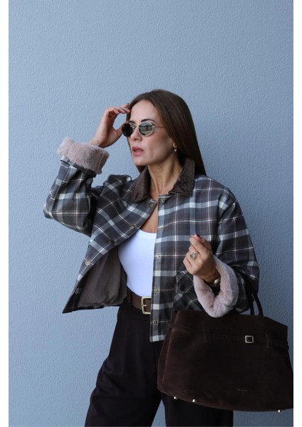 HAKİ Kadife Yaka Detay Kareli Ceket modelleri