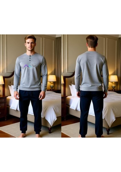 Erkek Pamuklu Gri Melanj - Lacivert Renk Pijama Takımı AL009