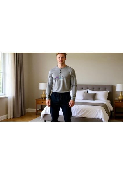 Erkek Pamuklu Gri Melanj - Lacivert Renk Pijama Takımı AL009 fiyatları