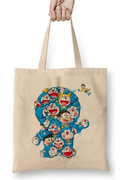 Doraemon 04 Beyaz Bez Çanta Uzun Saplı Alışveriş Çantası Plaj Çantası