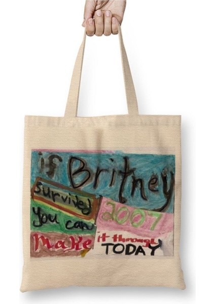 Britney Survived 2007 Beyaz Bez Çanta Uzun Saplı Alışveriş Çantası Plaj Çantası
