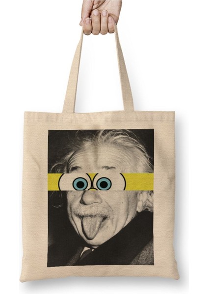 Einstein Komik Beyaz Bez Çanta Uzun Saplı Alışveriş Çantası Plaj Çantası