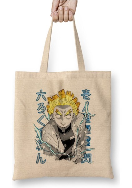 Demon Slayer Zenitsu Rokuren Beyaz Bez Çanta Uzun Saplı Alışveriş Çantası Plaj Çantası