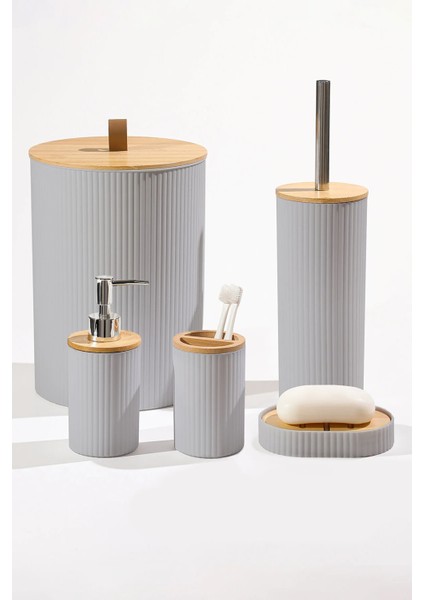 5 Parça Yuvarlak Banyo Seti, Bambu Kapaklı, Gri, Hacim: 7 Litre