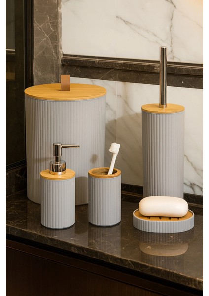 5 Parça Yuvarlak Banyo Seti, Bambu Kapaklı, Gri, Hacim: 7 Litre fiyatları