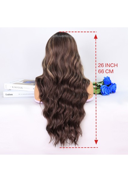 Uzun Kumral Balköpüğü Işıltılı Su Dalgalı Tül Peruk