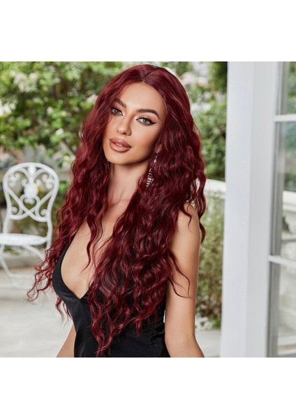 Koyu Kızıl Su Dalgalı Fiber Sentetik Tül Peruk