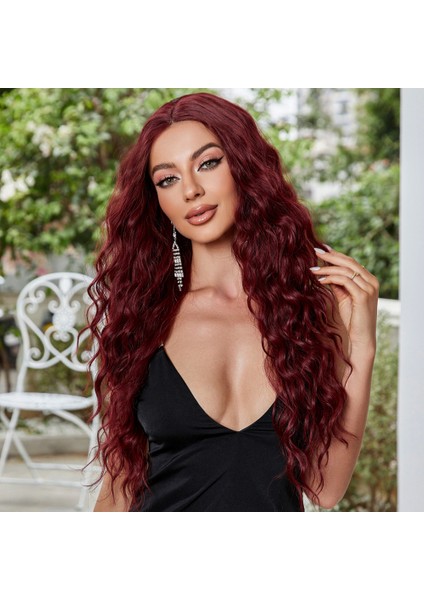 Koyu Kızıl Su Dalgalı Fiber Sentetik Tül Peruk fırsatları