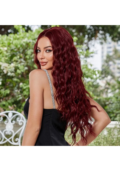 Koyu Kızıl Su Dalgalı Fiber Sentetik Tül Peruk