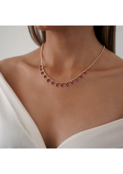 Sallantılı Kırmızı Taşlı Dot Altın Kolye