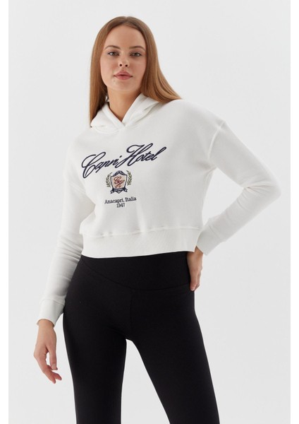 Kapüşonlu Kısa Sweatshirt Ekru fiyatları