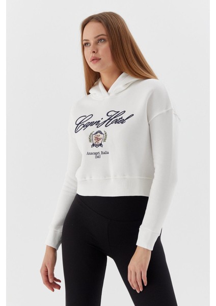 Kapüşonlu Kısa Sweatshirt Ekru modelleri