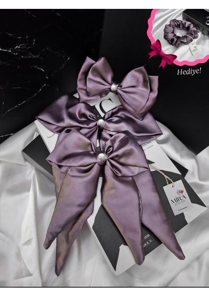 Kadın 3’lü Fiyonk Saç Tokası Seti + Scrunchie Hediyeli - Tozlu Orkide