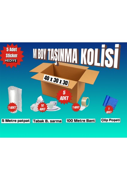 40X30X30 Taşınma Paketi M Boy 5 Adet Koli 1 Adet 5 Metre Patpat (Balonlu Naylon) 10 Adet Tabak/bardak Sarmalık Kâğıt 1 Adet 100 Metre Bant 1 Adet Çöp Poşeti Hediye: 5 Adet Sticker (Etiket)