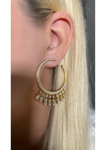 Özel Tasarım Altın Kaplama Full Taşlı Ithal Halka Küpe 925 Ayar Gümüş