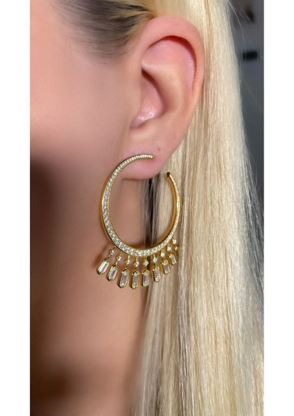 Özel Tasarım Altın Kaplama Full Taşlı Ithal Halka Küpe 925 Ayar Gümüş fırsatları