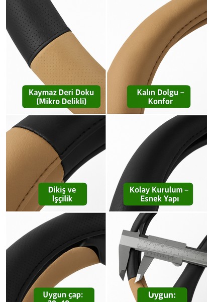 Volkswagen Tiguan 2007-2015 Geçmeli Direksiyon Kılıfı Delikli Bej Siyah Deri