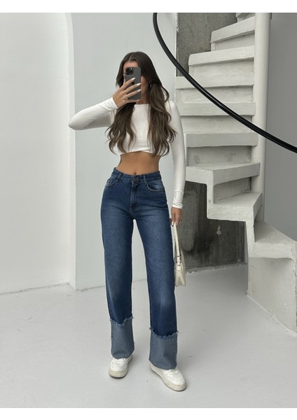 Kadın Ters Paça Püskül Işlemli Bol Paça Kot Pantolon modelleri