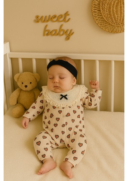 Kalp Baskılı Gövde Brode Fırfırlı Bandanalı Tulum