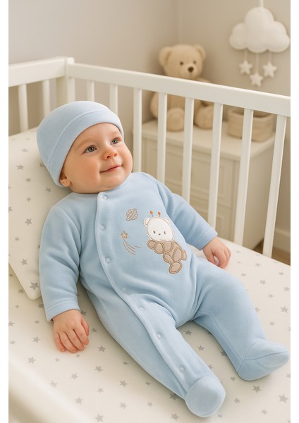 Yıldız ve Ayıcık Nakışlı Kadife Bebe Tulum