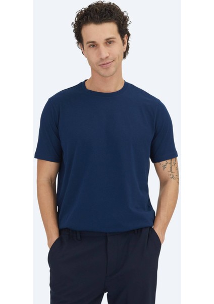 Lacivert Düz Bisiklet Yaka %100 Pamuk T-Shirt