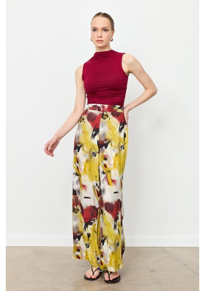 Baskılı Bol Paça Pantolon-Sarı