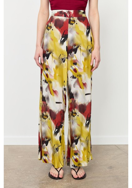 Baskılı Bol Paça Pantolon-Sarı modelleri