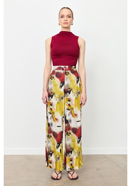 Baskılı Bol Paça Pantolon-Sarı fırsatları