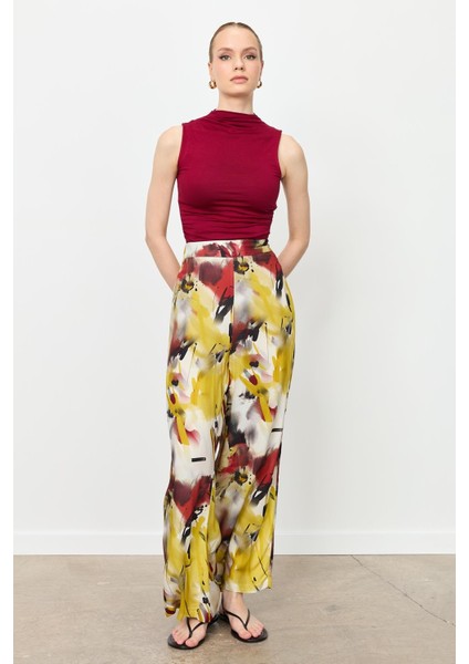 Baskılı Bol Paça Pantolon-Sarı indirimleri