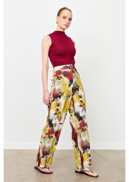 Baskılı Bol Paça Pantolon-Sarı