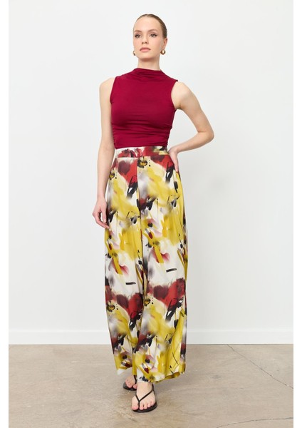 Baskılı Bol Paça Pantolon-Sarı