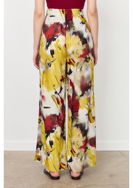 Baskılı Bol Paça Pantolon-Sarı