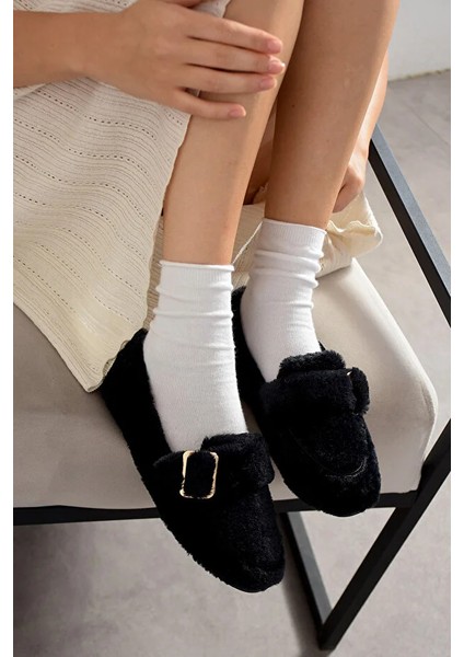 Vera Tavşan Tüyü Lastikli Tokalı Kaydırmaz Taban Kadın Babet Panduf Ev Terliği