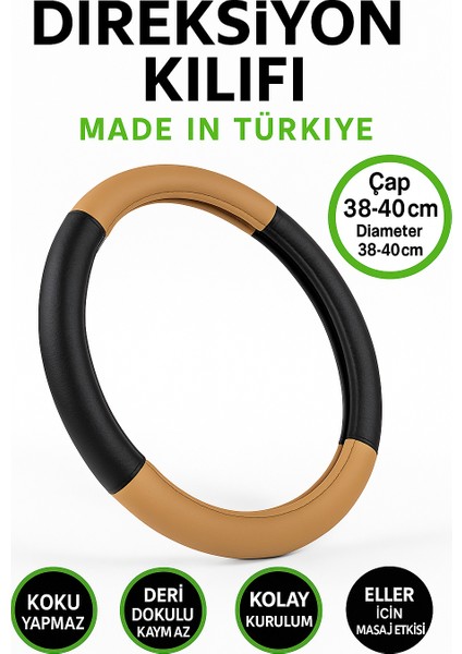 Peugeot 206 1998-2010 Geçmeli Direksiyon Kılıfı Delikli Bej Siyah Deri