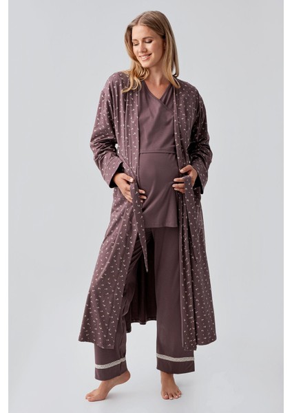 Uzun Kollu Desenli Esnek Pamuklu Hamile Sabahlık Pijama Takım 18301