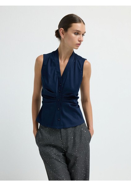 Büzgülü Düğmeli Bluz Lacivert 11543676003