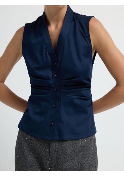 Büzgülü Düğmeli Bluz Lacivert 11543676003 fiyatları