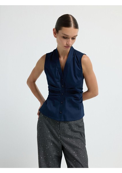 Büzgülü Düğmeli Bluz Lacivert 11543676003 fırsatları